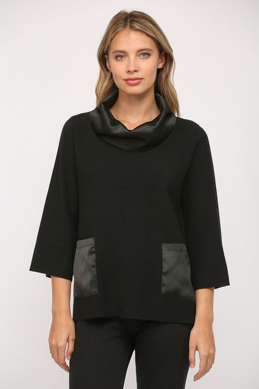 SATIN COWL NECK BELL SLEEVE SWEATER--BLACK