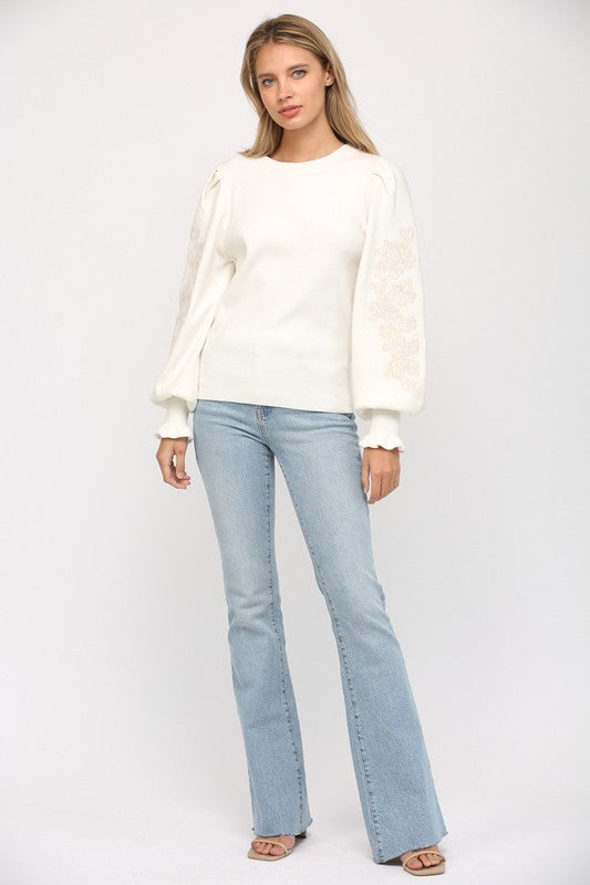 THERE SHE GOES EMBELLISHED SLEEVE SWEATER