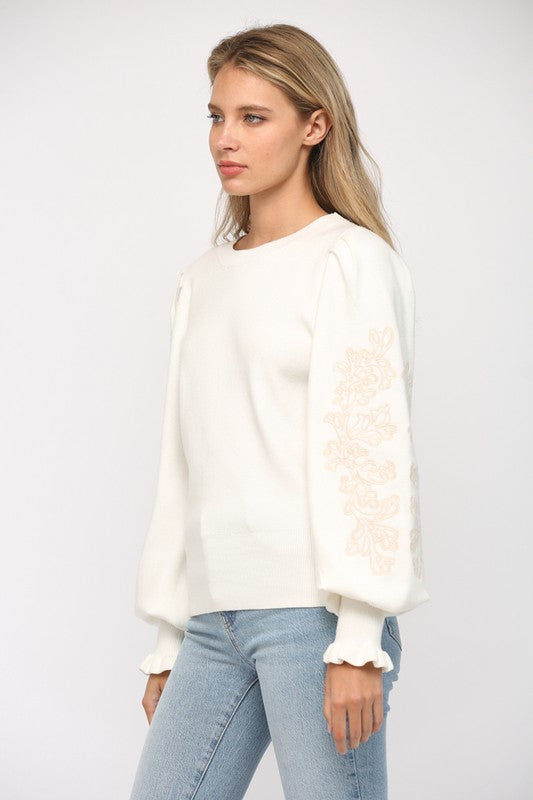 THERE SHE GOES EMBELLISHED SLEEVE SWEATER