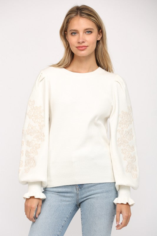 THERE SHE GOES EMBELLISHED SLEEVE SWEATER