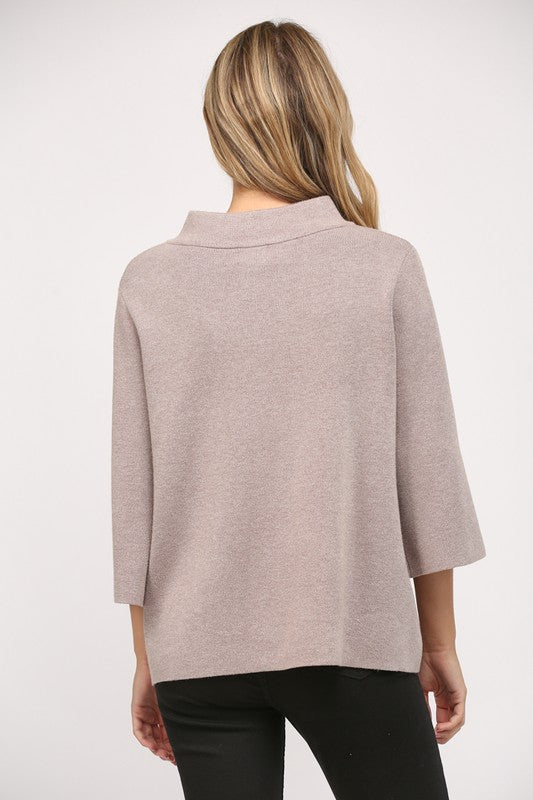 MOCK NECK BELL SLEEVE SWEATER--MOCHA