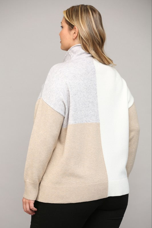 CURVY MOCK NECK COLOR BLOCK SWEATER