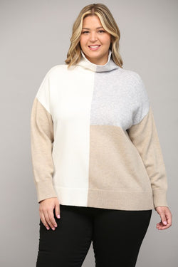 CURVY MOCK NECK COLOR BLOCK SWEATER