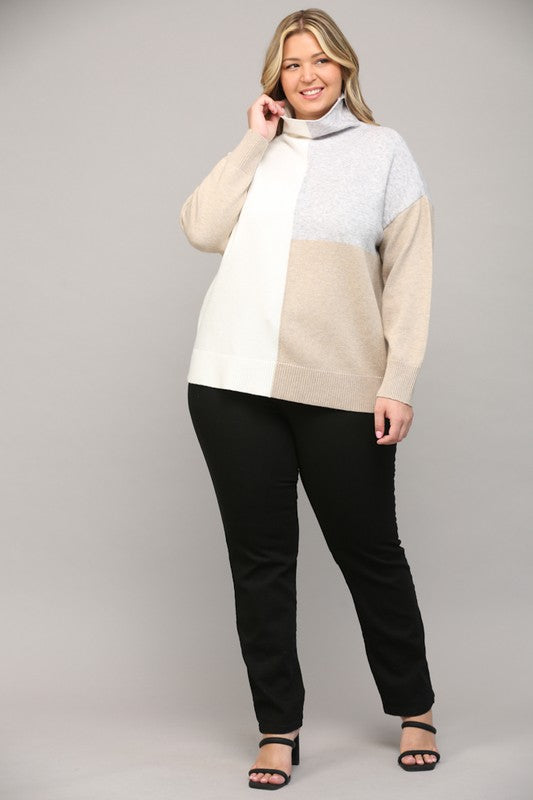 CURVY MOCK NECK COLOR BLOCK SWEATER