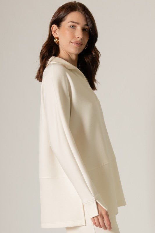 SCUBA MODAL COLLARED LONG SLEEVE TOP--IVORY