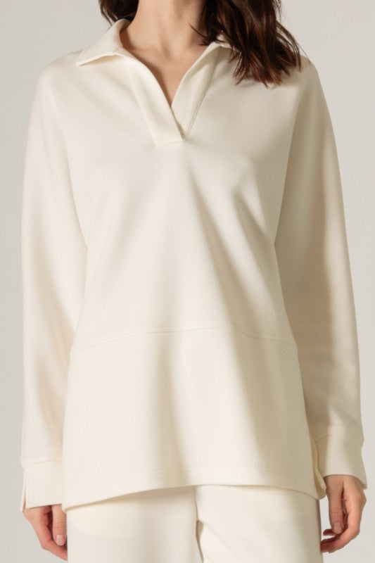 SCUBA MODAL COLLARED LONG SLEEVE TOP--IVORY