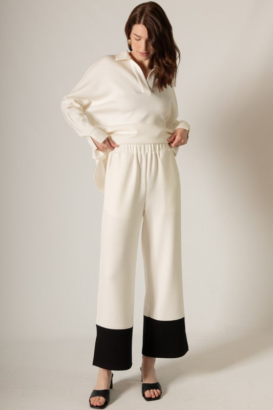 SCUBA MODAL COLORBLOCK PANTS--IVORY/BLACK