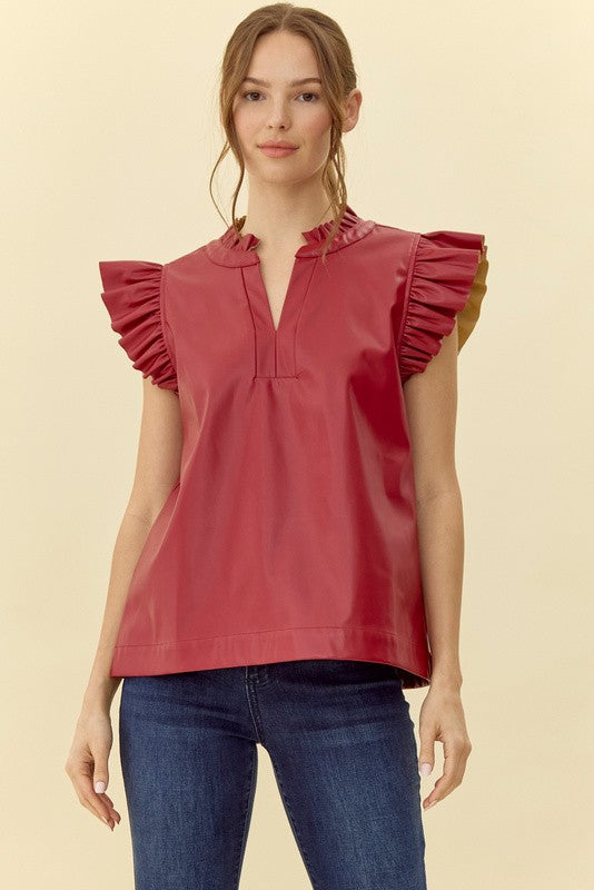 ON THE TOWN FAUX LEATHER TOP--RED