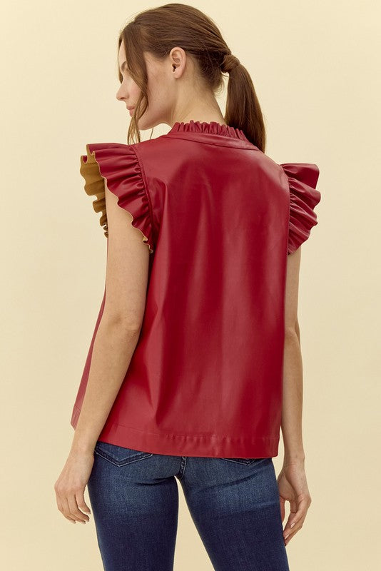 ON THE TOWN FAUX LEATHER TOP--RED