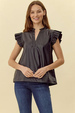 ON THE TOWN FAUX LEATHER TOP--BLACK