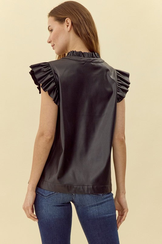 ON THE TOWN FAUX LEATHER TOP--BLACK