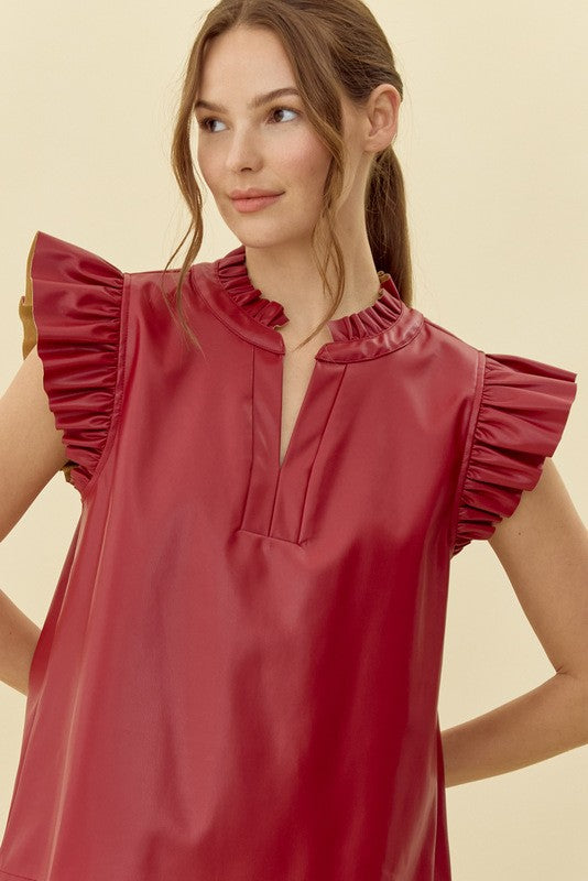 ON THE TOWN FAUX LEATHER TOP--RED