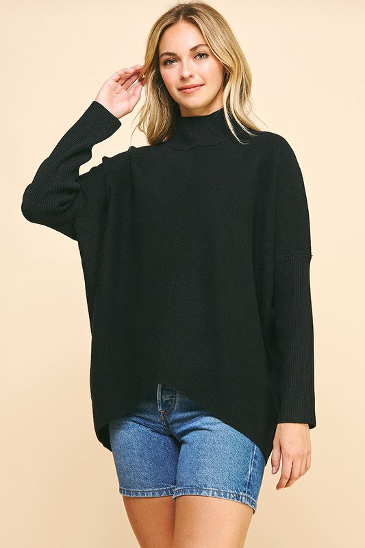 ALL IN A DAY MOCK NECK HIGH LOW SWEATER--BLACK