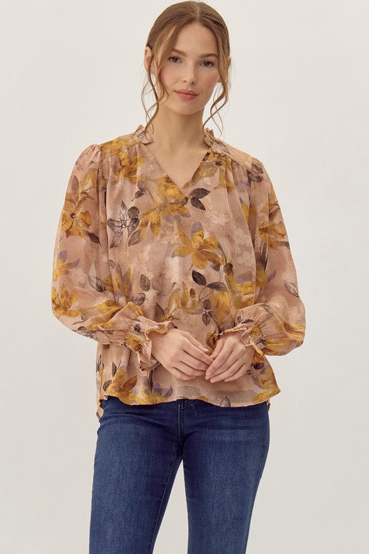 FULL OF CHARM FLORAL TOP--MUSTARD