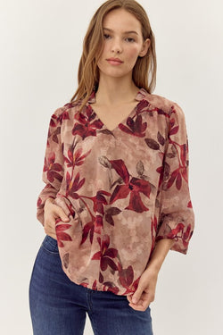 FULL OF CHARM FLORAL TOP--BURGUNDY