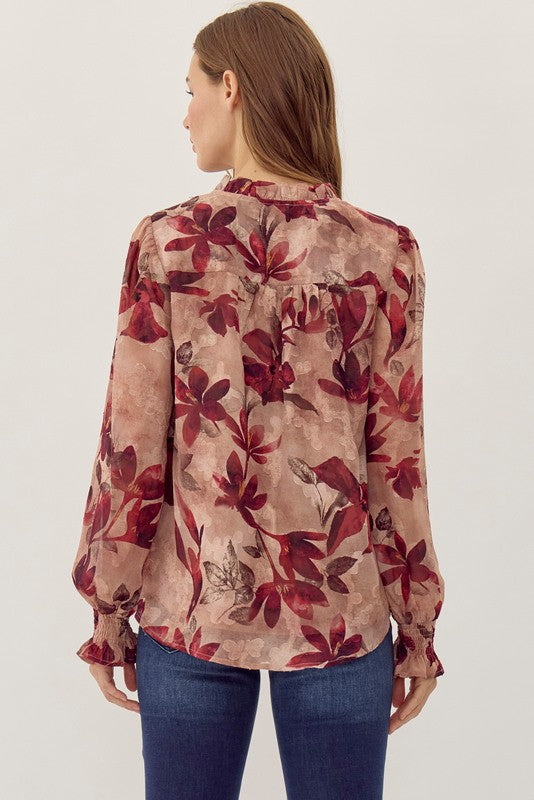 FULL OF CHARM FLORAL TOP--BURGUNDY