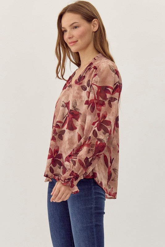 FULL OF CHARM FLORAL TOP--BURGUNDY