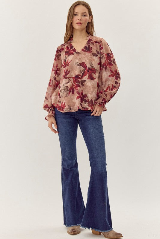 FULL OF CHARM FLORAL TOP--BURGUNDY