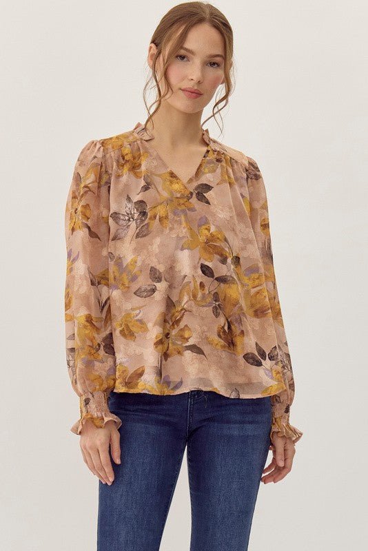 FULL OF CHARM FLORAL TOP--MUSTARD