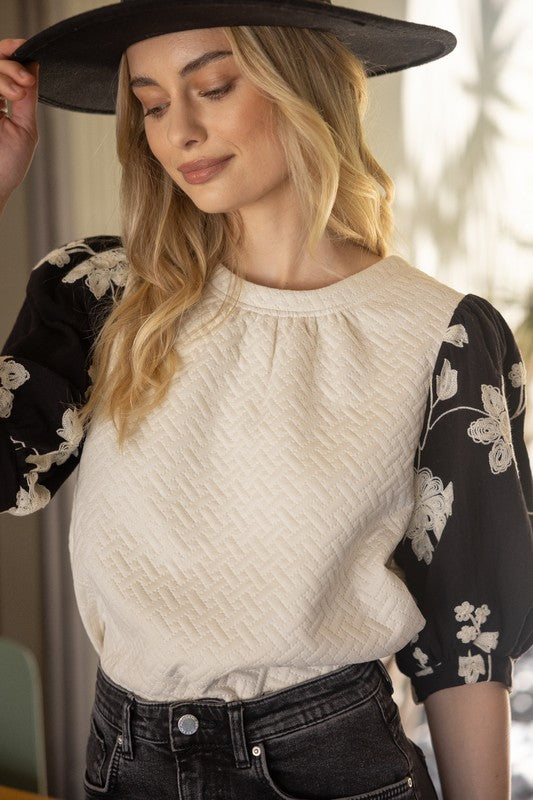 FLORAL DOES IT EMBROIDERED SLEEVE TOP