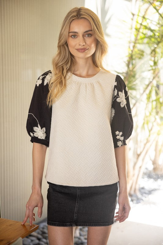 FLORAL DOES IT EMBROIDERED SLEEVE TOP