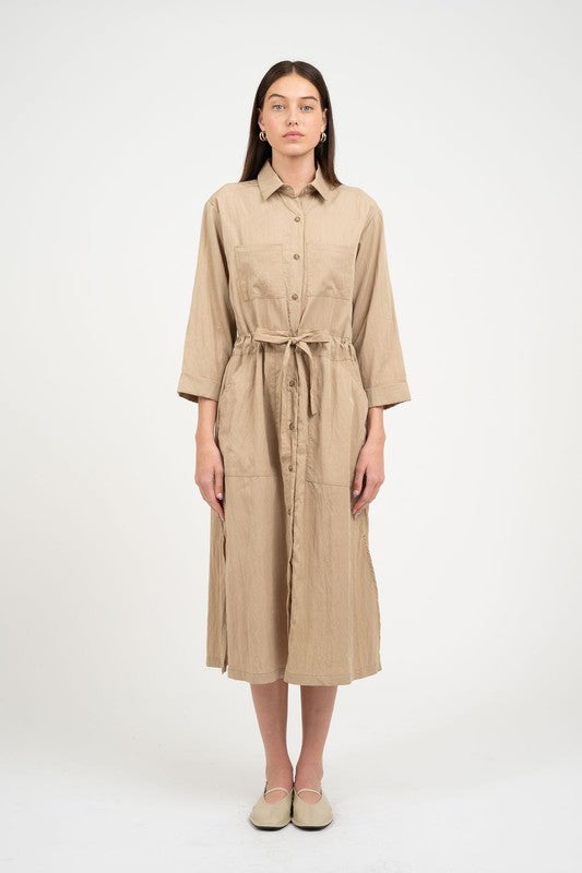SIDE SLIT MIDI DRESS WITH BELT--BEIGE
