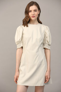 PUFF SLEEVE FAUX LEATHER DRESS--ECRU