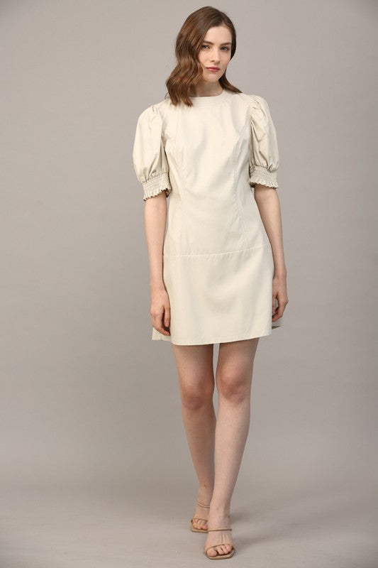 PUFF SLEEVE FAUX LEATHER DRESS--ECRU