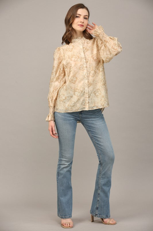 SWEET ANTICIPATION FLORAL TENCEL TOP--TAUPE