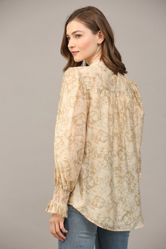 SWEET ANTICIPATION FLORAL TENCEL TOP--TAUPE