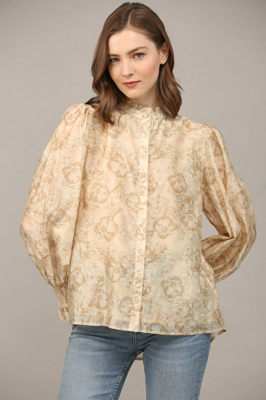 SWEET ANTICIPATION FLORAL TENCEL TOP--TAUPE