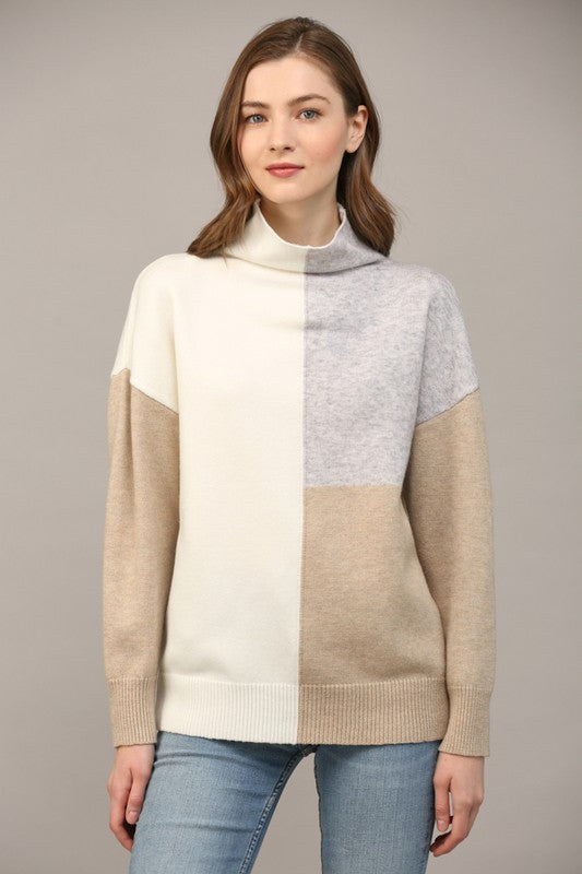 MOCK NECK COLOR BLOCK SWEATER