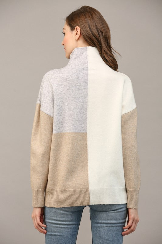 MOCK NECK COLOR BLOCK SWEATER