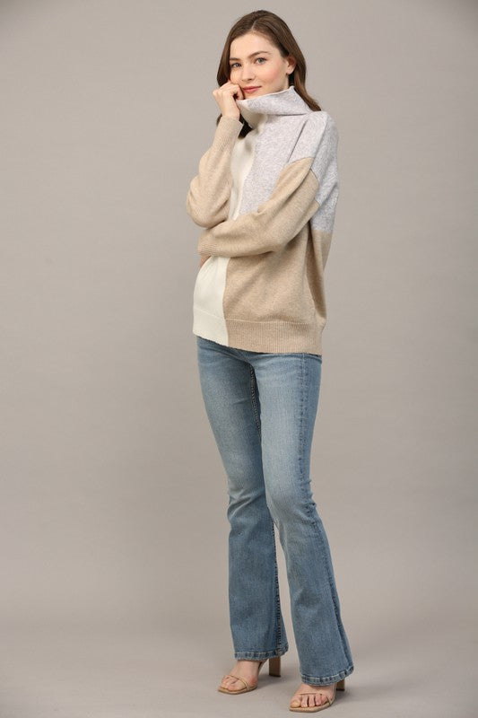 MOCK NECK COLOR BLOCK SWEATER