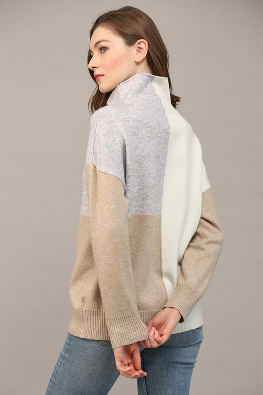 MOCK NECK COLOR BLOCK SWEATER