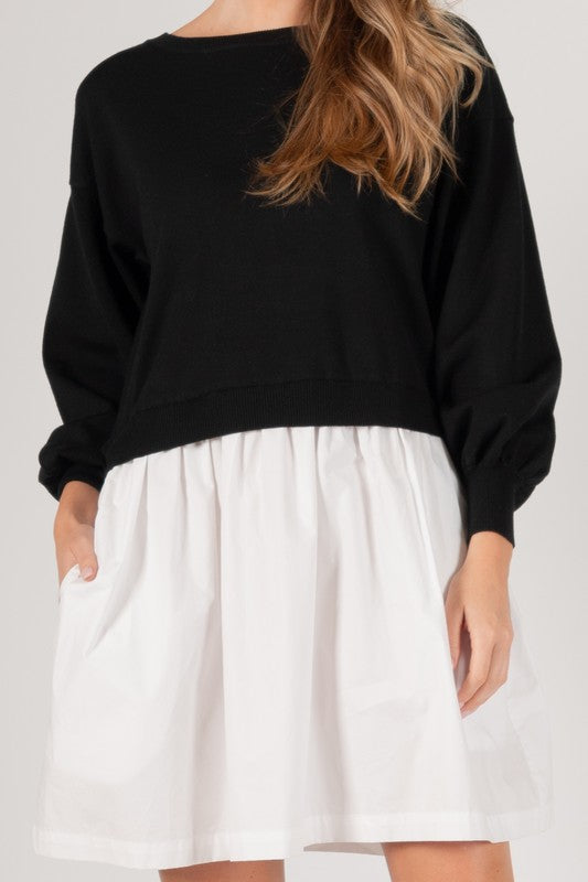 JUST A GIRL SWEATER/POPLIN DRESS--BLACK