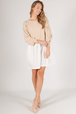 JUST A GIRL SWEATER/POPLIN DRESS--BEIGE/WHITE