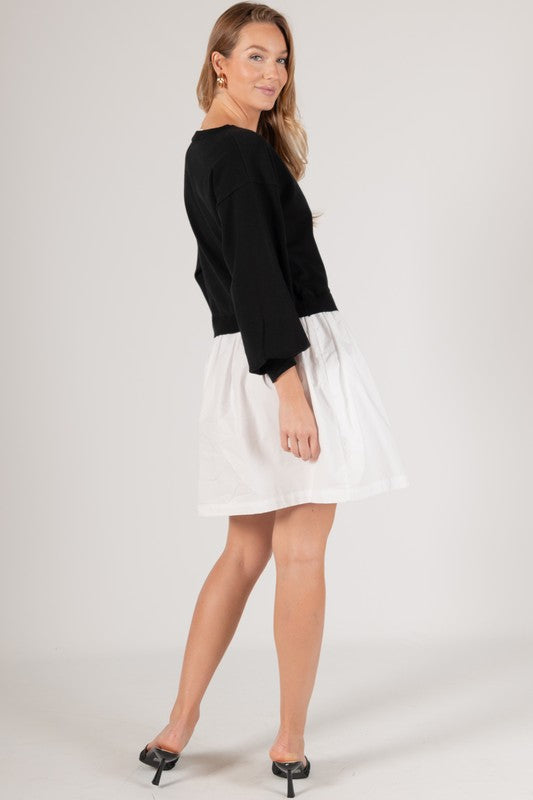 JUST A GIRL SWEATER/POPLIN DRESS--BLACK