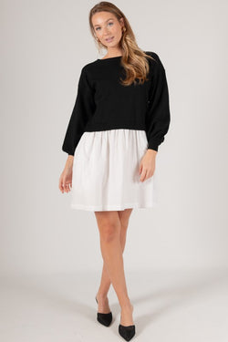 JUST A GIRL SWEATER/POPLIN DRESS--BLACK