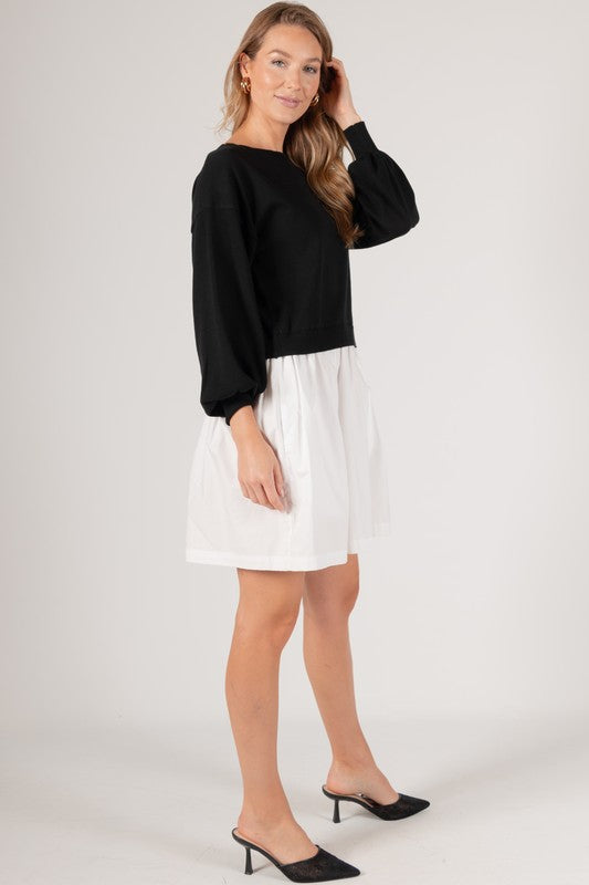 JUST A GIRL SWEATER/POPLIN DRESS--BLACK