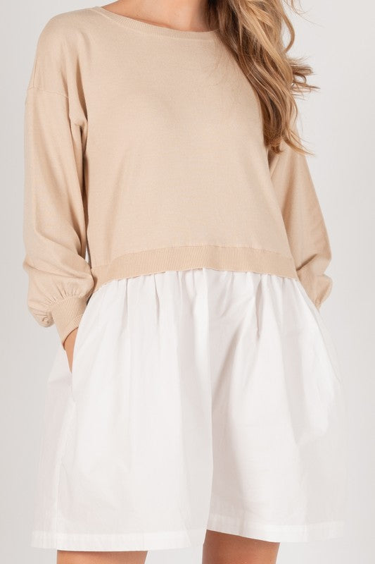 JUST A GIRL SWEATER/POPLIN DRESS--BEIGE/WHITE