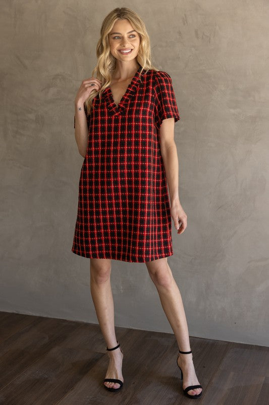 TRUE CLASS TWEED DRESS--RED MIX