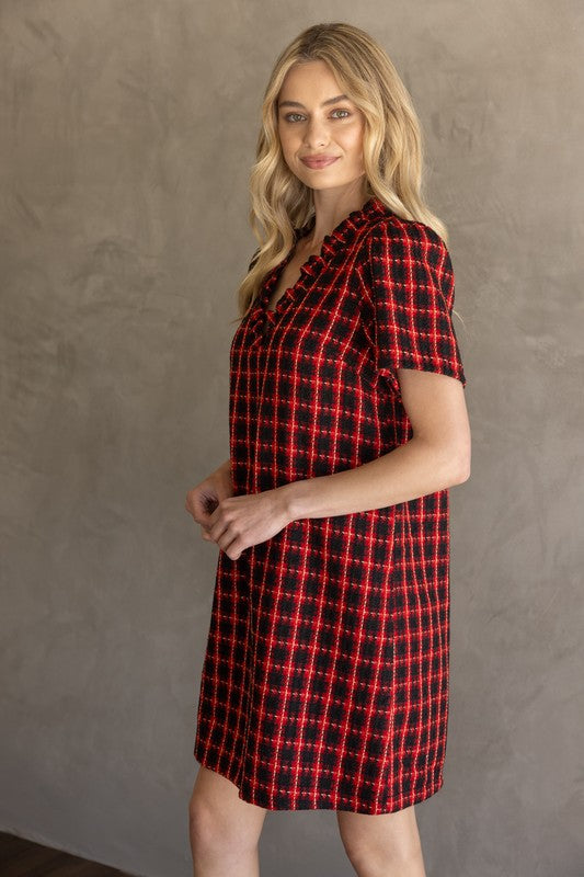 TRUE CLASS TWEED DRESS--RED MIX