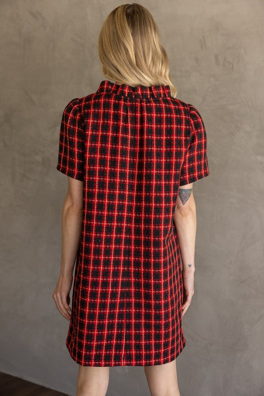 TRUE CLASS TWEED DRESS--RED MIX