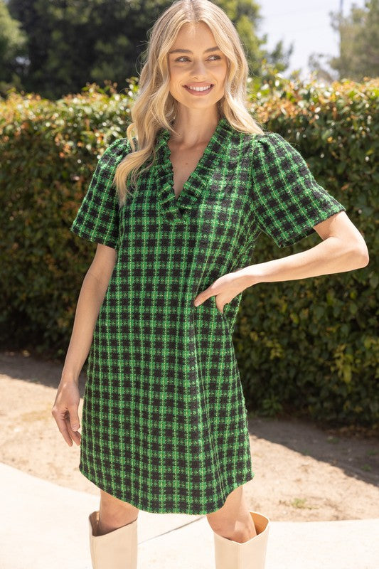 TRUE CLASS TWEED DRESS--KELLY GREEN