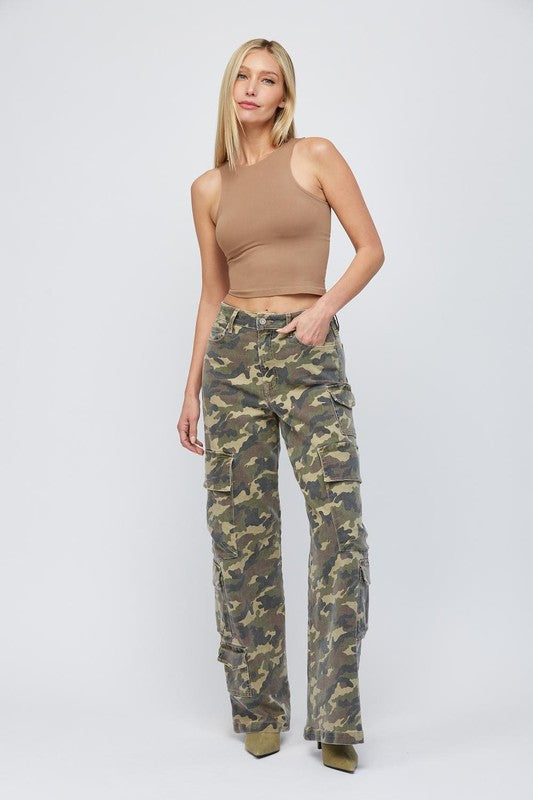 HIDDEN NORI HIGH RISE SUPER WIDE LEG CARGO CAMO PANTS