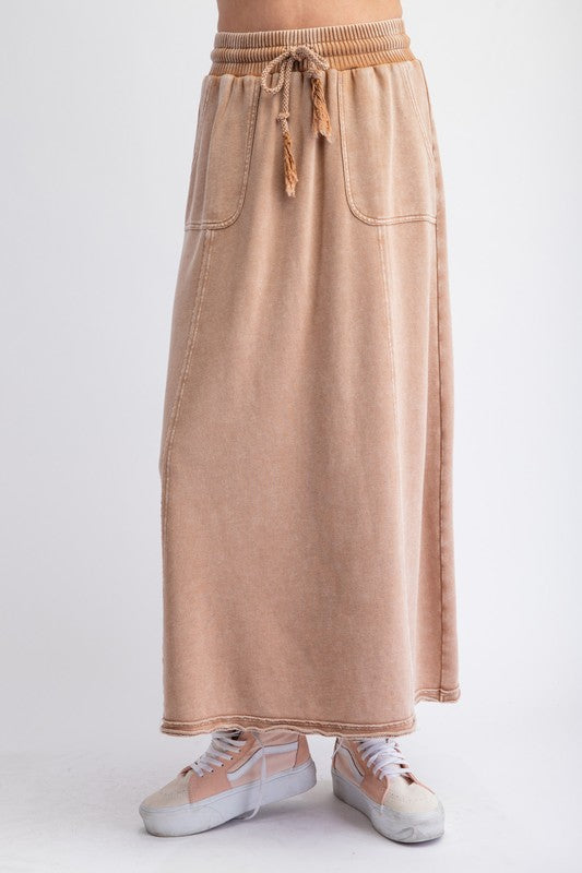 HERE I AM MINERAL WASHED MAXI SKIRT--CAMEL