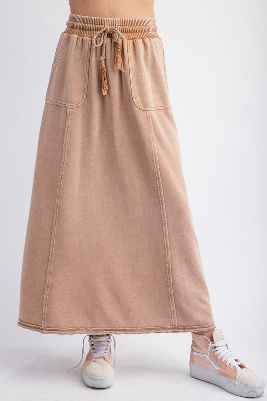 HERE I AM MINERAL WASHED MAXI SKIRT--CAMEL