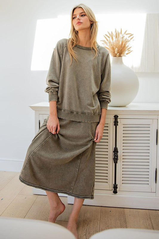 HERE I AM MINERAL WASHED MAXI SKIRT--OLIVE GREEN