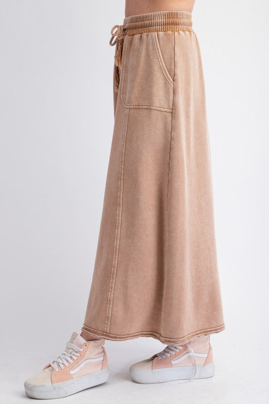 HERE I AM MINERAL WASHED MAXI SKIRT--CAMEL